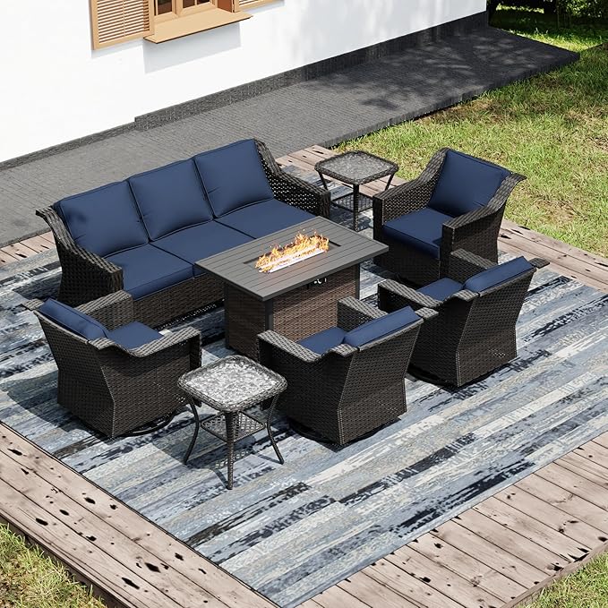 Joyside Wicker Patio Furniture Sets, 8 Pieces Upgraded Large Size Outdoor Furniture with 4 Swivel Rocking Patio Chairs, 3-Seat Sofa, Fire Table, Coffee Table, Thick Cushions, Wide Armrest, Blue