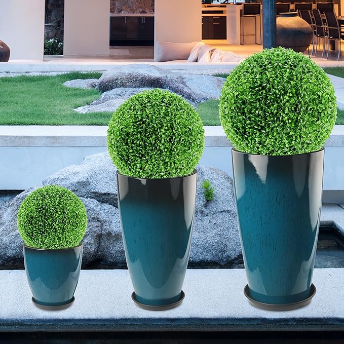 24-21-11 Inch Tall Planters Set of 3, Indoor Outdoor Blue Glossy Round Planter with Drainage Hole and Saucer, Large Decorative Plant Pots for Home Garden Porch (Blue)