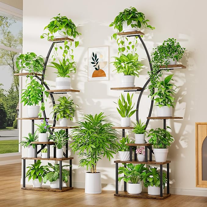 Plant Stand Indoor with Grow Lights - 8 Tiered Tall Plant Shelf, 65" Metal Corner Shelf for Indoor Plants Multiple, Large Curved Half-Moon Flower Holder Stand Display Rack for Patio, Home, 2 Pack