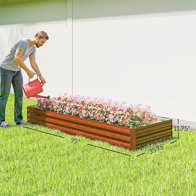 Outsunny Galvanized Raised Garden Bed, 8' x 3' x 1' Metal Planter Box, for Growing Vegetables, Flowers, Herbs, Succulents, Natural Wood