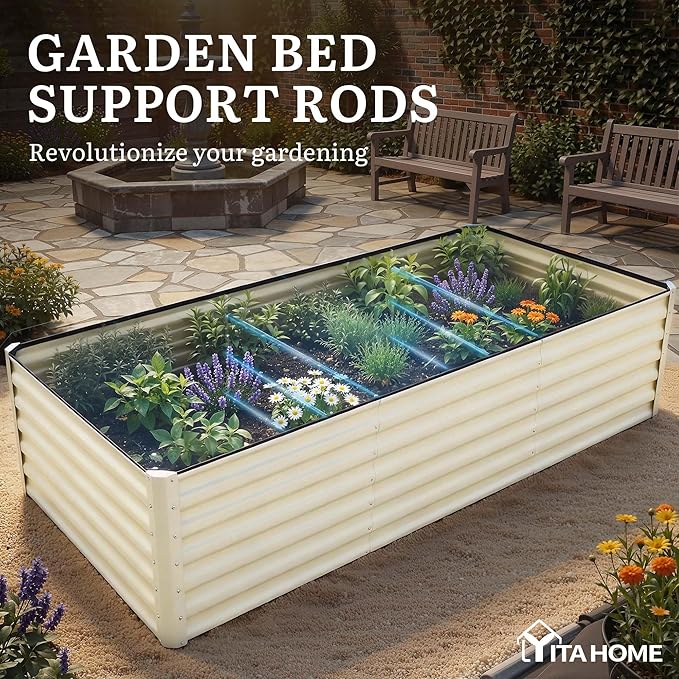 YITAHOME 8x4x2ft Large Raised Garden Bed Kit, Galvanized Metal Planter Box with Gloves, Support Rod & Safety Rubber, Outdoor Above Ground Planters for Plants Vegetables Flowers, Cream Yellow