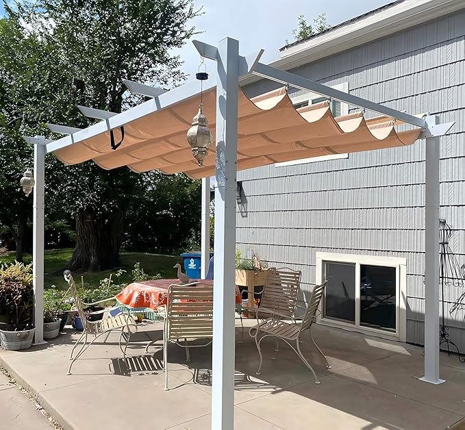 PURPLE LEAF 10' x 13' Aluminum Outdoor Pergola White Retractable Pergola with Double Sun Shade Canopy Wind-Resistant Heavy-Duty Metal Pergola for Patios Deck Backyard Garden, Khaki