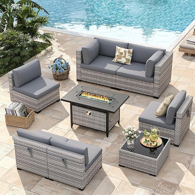 6-Seat Modern Outdoor Wicker Rattan Patio Furniture Set with 55,000 BTU Fire Pit Table, Thick 4″ Cushions, All-Weather Dual-Strand Rattan, Rust-Resistant Steel Frame,Gray