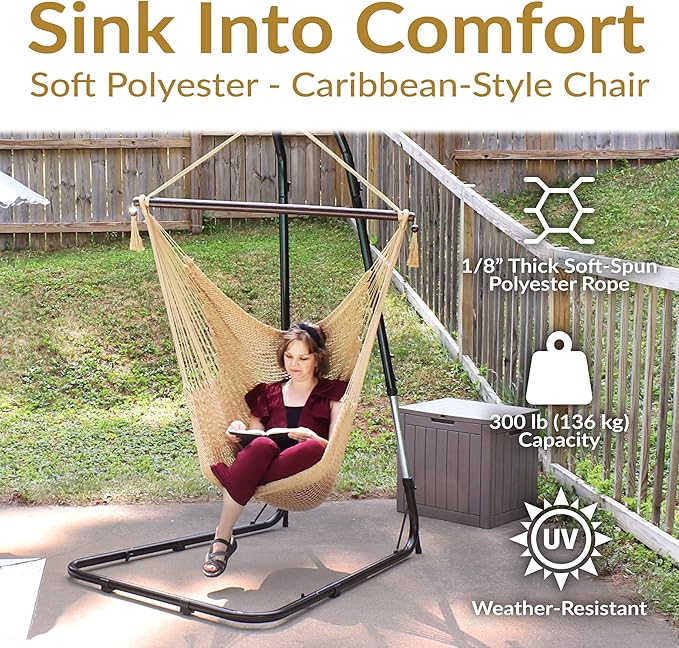 Sunnydaze Outdoor Hammock Chair Swing - Hanging Hammock Swing - Hanging Reading Chair - Soft-Spun Polyester Rope - Caribbean XL - Tan
