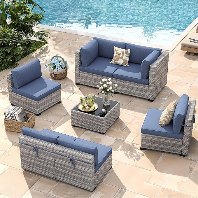 6-Seat Modular Patio Furniture Set – Outdoor Wicker Sectional Sofa with Thick 4″ Cushions, Dual-Strand PE Rattan, Rust-Resistant 18 mm Steel Frame, Backyard Garden Deck Lounge,Navy
