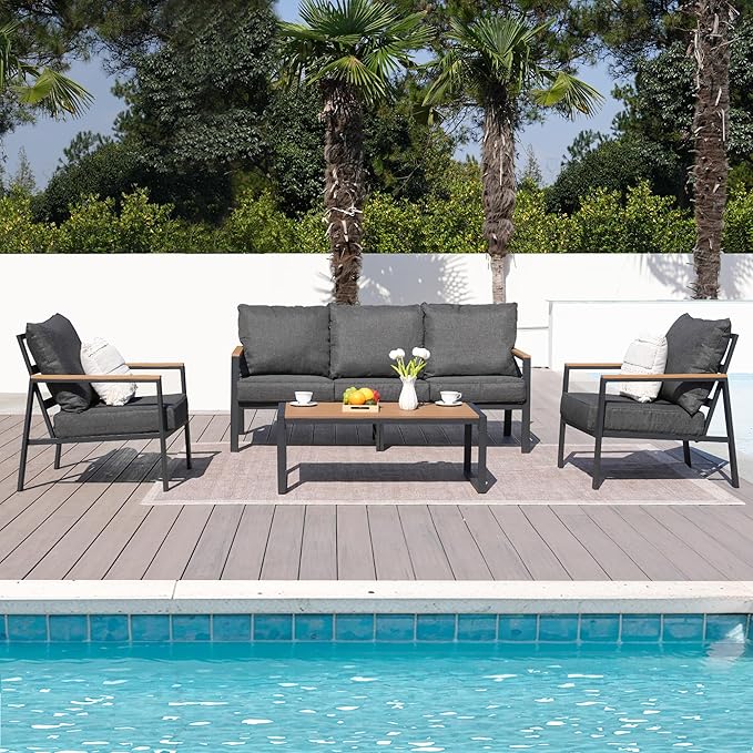 Patio Furniture Set, 4 Pieces Outdoor Furniture Patio Conversation Set with High Back, Faux-Wood Armrest and Tabletop, Outdoor Couch Patio Sofa Set for Balcony, Porch, Backyard, Grey