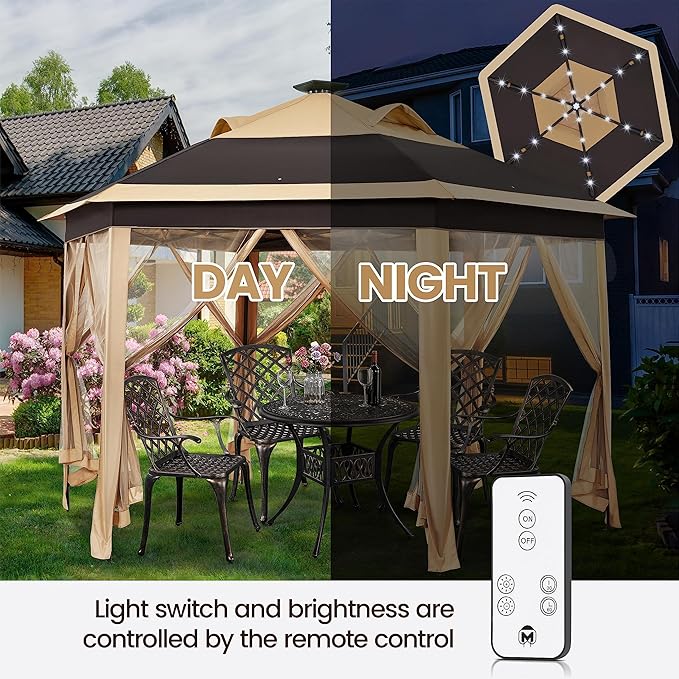 Yaheetech 13×13 Pop-Up Patio Gazebo Tent W/Mesh Netting Sides & 25 Solar LED Lights, Hexagonal Double Vented 3 Height Adjustable Gazebo with Storage Bag for Backyard, Garden, Lawn, Khaki & Brown