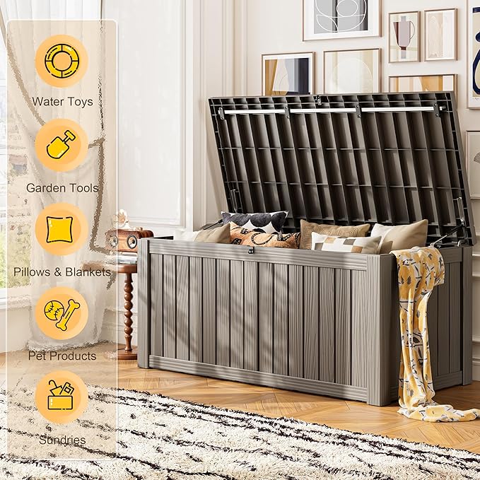 Outdoor Storage Box, Resin Deck Boxes Indoor and outdoor, Waterproof Storage Box Lockable Lid (Grey, 120 Gallon)