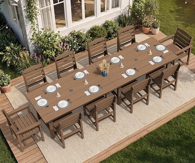 SERWALL Patio Dining Sets for 10 Person, HDPE Dining Set with 2 Tables, 8 Armless Chairs and 2 Armed Dining Chairs, Brown