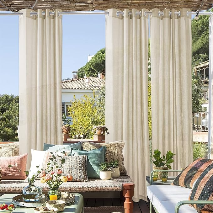 RYB HOME 2 Panels Outdoor Sheer Curtains for Patio Waterproof - Natural Linen Privacy Added Light Filtering Drapes with Tie Ropes for Gazabo Porch Pergoa Balcony, 52 X 84 Inches, Beige
