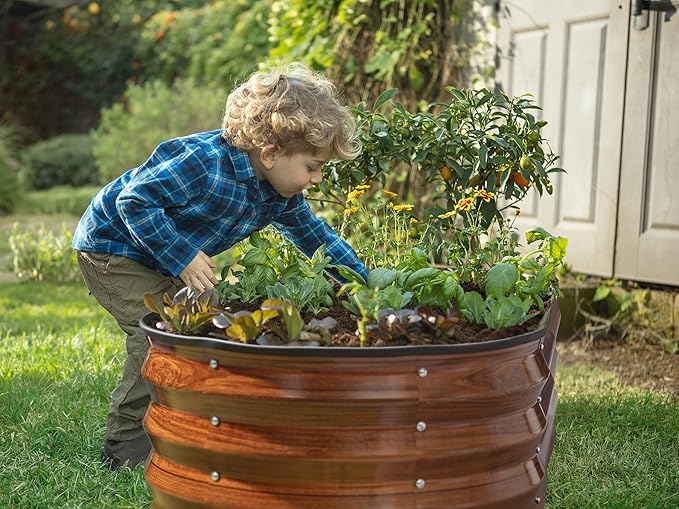 Plant & Plot Galvanized Raised Garden Beds Outdoor // 4×2×1 ft Planter Raised Beds for Gardening, Vegetables, Flowers // Large Metal Garden Box (Dark Wood Grain)