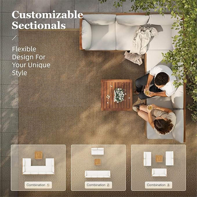 HERA'S HOUSE Wicker Patio Furniture Set, 7 Pieces Outdoor Sectional Sets with 6 Seats, Rattan Conversation Set with Sofa and Wood Coffee Table for Garden and Backyard, l Shape Boho Balcony Couch Set