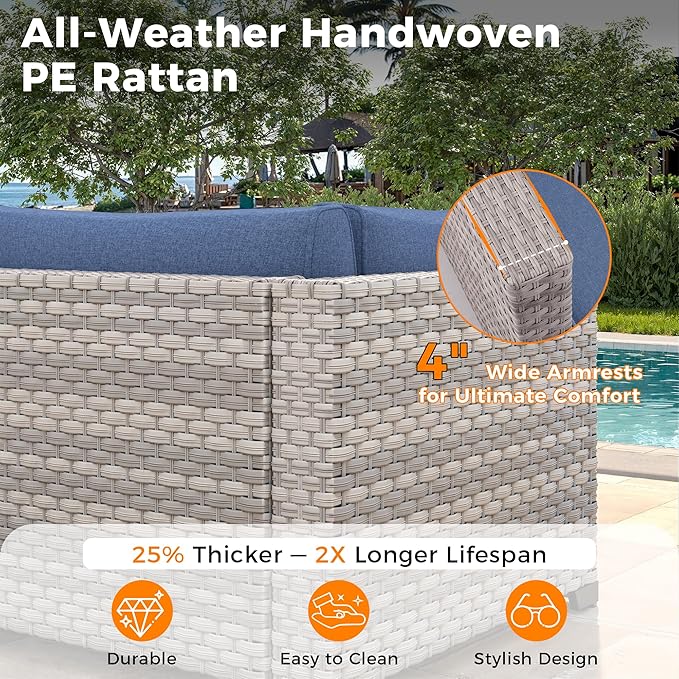 6-Seat Modern Outdoor Wicker Rattan Patio Furniture Set with 55,000 BTU Fire Pit Table, Thick 4″ Cushions, All-Weather Dual-Strand Rattan, Rust-Resistant Steel Frame,Navy
