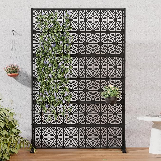 Casaphoria Metal Privacy Screen Outdoor, 72" H x 47" W Freestanding Decorative Privacy Screen for Patio Deck Balcony Garden with Stable Base, Black-Gene