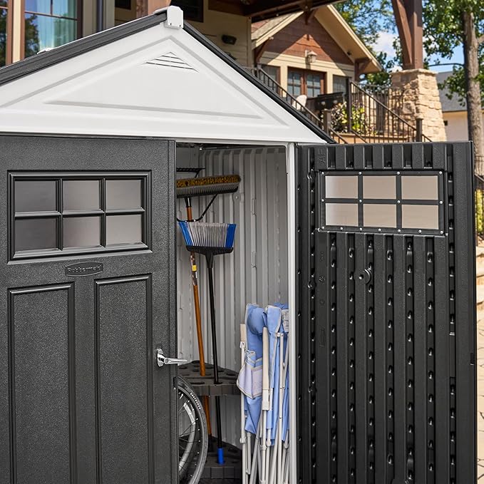 Rubbermaid Resin Outdoor Storage Shed With Floor (7 x 3.5 Ft) Weather Resistant, White, Organization for Home/Backyard/Garden Tools/Lawn Mower/Bike Storage/Pool Supplies