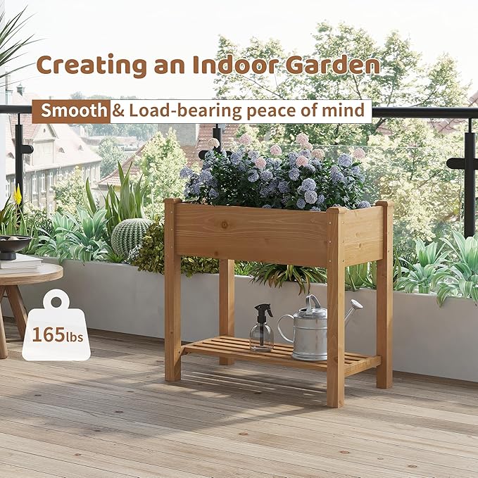 FILWH Raised Garden Bed with Legs Elevated Wooden Planter Box Stand Large Planter Stand Box for Fruits Vegetables Flowers with Divider with Bag - 34x18x30.5IN（Brown）