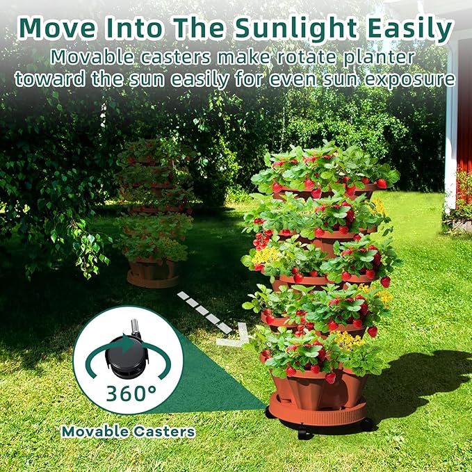7 Tiered Strawberry Vertical Planter 2 Pack, Stackable Tower Garden Planter Herb Garden Planter with Movable Casters and Bottom Saucer Indoor and Outdoor - Terra Cotta