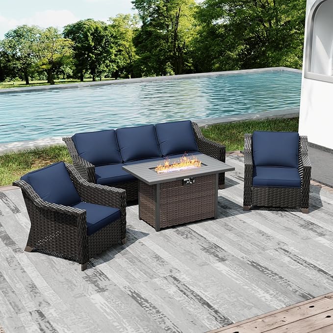 Joyside Wicker Patio Furniture Sets, 4 Pieces Upgraded Large Size Outdoor Furniture with Patio Dining Chair, 3-Seat Sofa, Fire Table,Thick Cushions, Wide Armrest, Blue