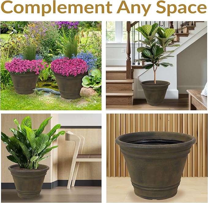 Sunnydaze 20-Inch Franklin Large Plant Pot - Polyresin Round Outdoor Planter with Drillable Drainage Hole - Sable