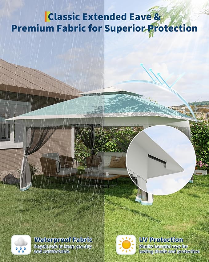 Canopy Tent 13x13 ft, Pop Up Gazebo One-Push Setup with 4 SandBags for Backyard Parties and BBQs, Mosquito Netting & Height Adjustable - Lake Blue