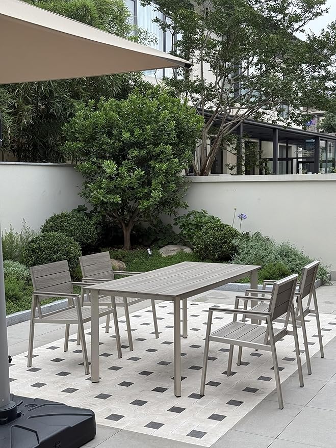 Aluminum Outdoor Dining Set for 6, Patio Table and Chairs Set with Umbrella Hole, 7 Pieces HDPS Outdoor Furniture Sets for Patio, Garden (Gray & Teak)