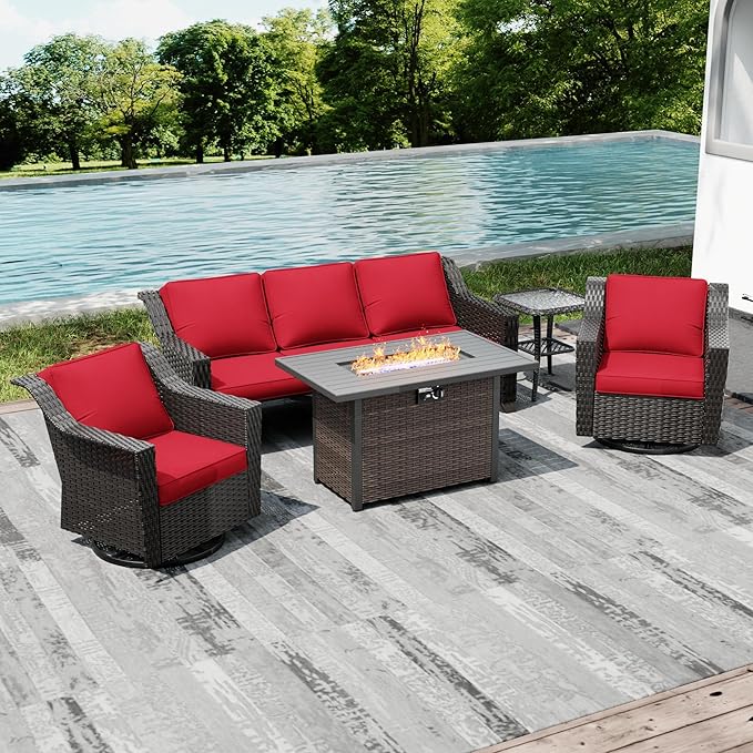 Joyside Wicker Patio Furniture Sets, 5 Pieces Upgraded Large Size Outdoor Furniture with Swivel Rocking Patio Chairs, 3-Seat Sofa, Fire Table, Coffee Table, Thick Cushions, Wide Armrest, Red