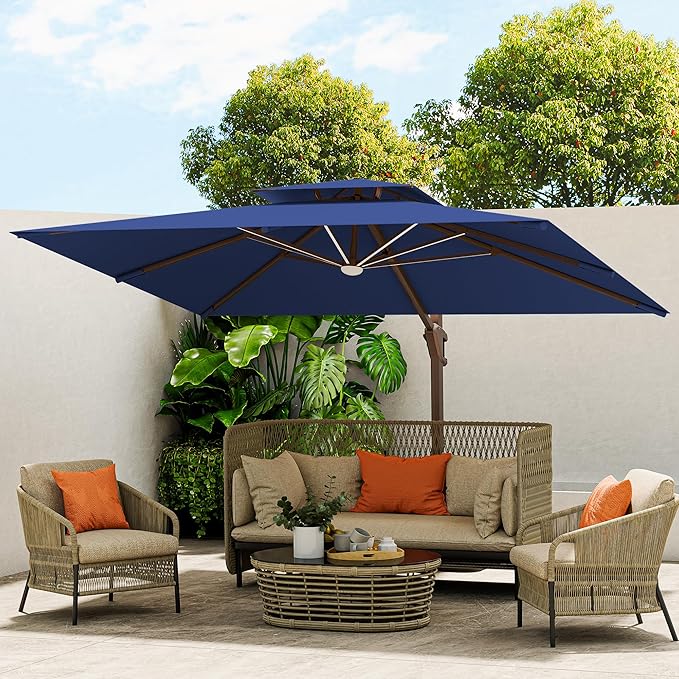 10 X 13 FT Cantilever Outdoor Patio Umbrella with Base Included Large Heavy Duty 360° Rotation Double Top Offset Rectangular Umbrellas with Led Lights for Backyard Outside Deck, NAVY