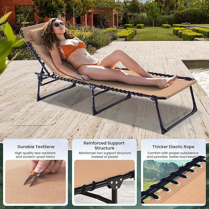 Folding Chaise Lounge Chair 2 Pack - 400lb Capacity, 5-Position Adjustable Recliner with Pillow | Portable for Patio, Pool, Camping & Sunbathing (Beige)