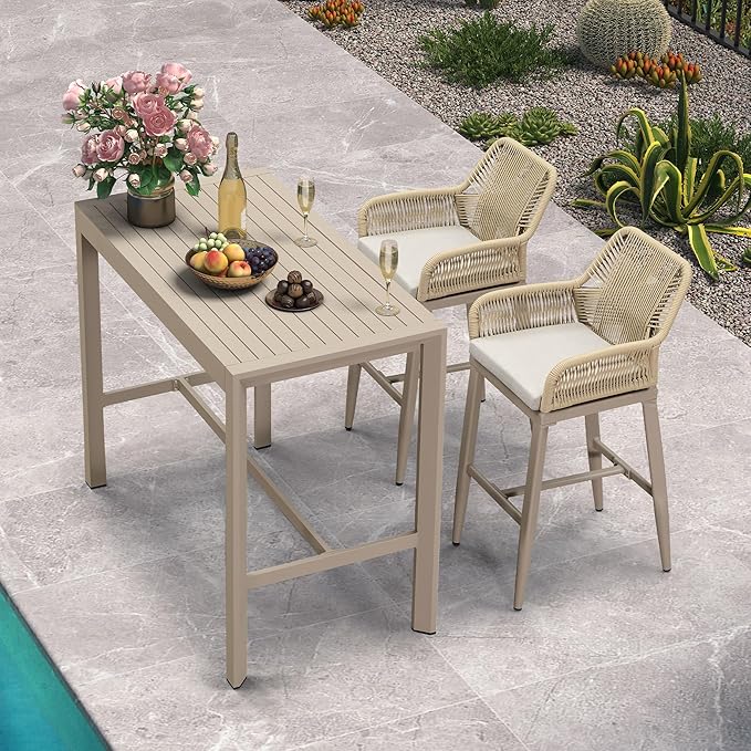 PURPLE LEAF Outdoor 29" Bar Stools Set of 2, Boho Patio Bar Height Chair with Cushion and Back for Outdoor and Indoor, Garden, Patio, Champagne