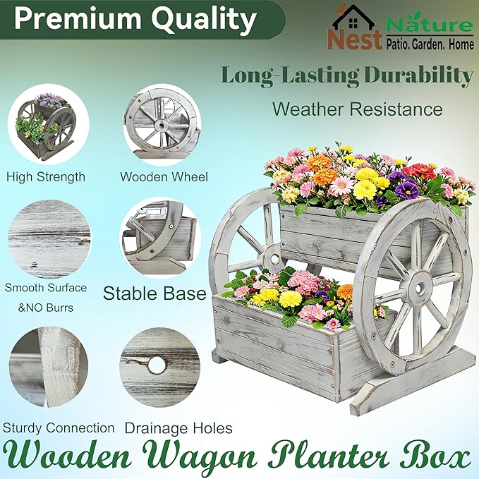NestNature Wooden Wagon Planter Box,Raised Garden Bed,Decorative Garden Planters with Wheels-Outside Flower Pots for Indoor/Outdoor Décor Plants (Antique White)