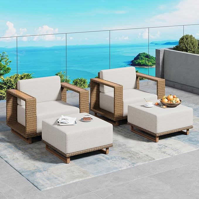 2 Pieces Patio Furniture Set,Outdoor Rattan Wicker Armchirs and Ottomans with 10''Ultra-Thick Cushions,All Weather Patio Conversation Set for Lawn Garden Backyard,Beige