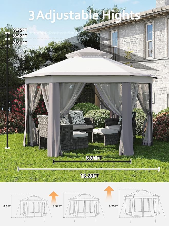 Garvee Pop Up Gazebo Screen Tent,Hexagonal Instant Gazebo Tent with Mosquito Netting Outdoor Canopy,6 Sided Sun Shelter 13x13ft with Mesh Netting,Pavilion Tents for Patio,Light Gray+Dark Gray