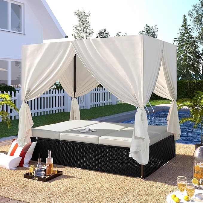 Patio Chaise Lounge, PE Rattan Outdoor Patio Wicker Sunbed Daybed with Adjustable Seats, Four-sided Canopy, Overhead Curtain and Beige Cushions for Backyard, Garden, Poolside (for 2-6 people)