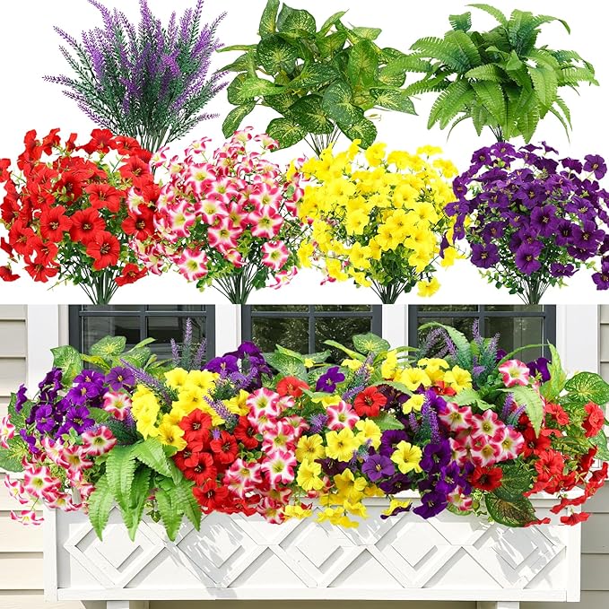HOHOTIME 21 Bundles Artificial Flowers for Outdoors, No Fade Fake Plastic Flowers Faux Plants, Eucalyptus Morning Glory for Hanging Planters Garden Porch Window Box Home Wedding Farmhouse