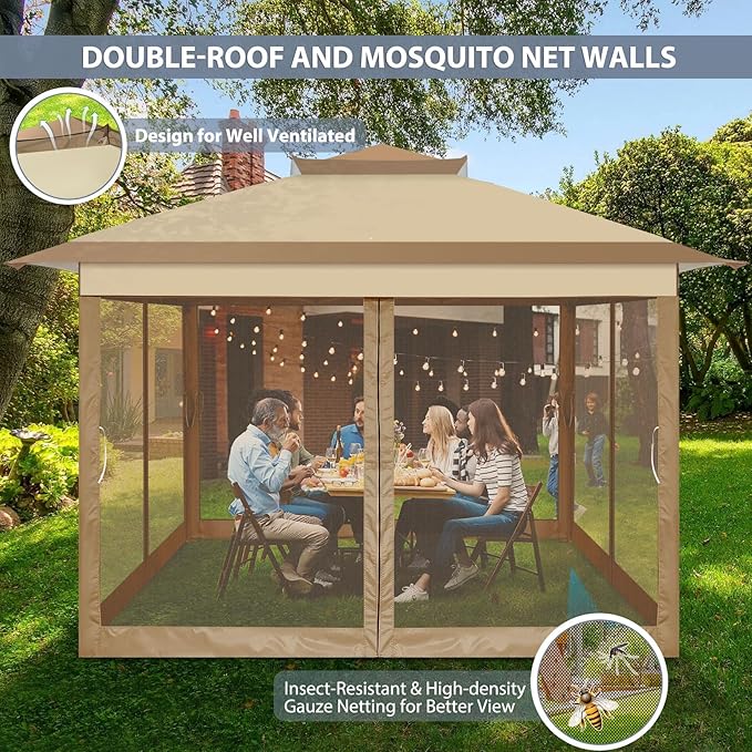COBIZI 11x11 FT Pop up Gazebo Canopy Tent - Outdoor pop up gazebos on Clearance,carpas para Patio,Shelter - Screen Tents with Portable Carry Bag,Patio Gazebos for Camping,Garden,Deck,Backyard,Khaki