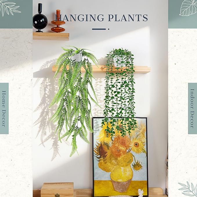 Der Rose 4Pcs Fake Plants Hanging Artificial Ivy Vine Faux Eucalyptus Hanging Plants, Boston Fern, String of Pearls for Living Room Bedroom Boho Wall Shelf Indoor Outdoor Decor (White Pots)