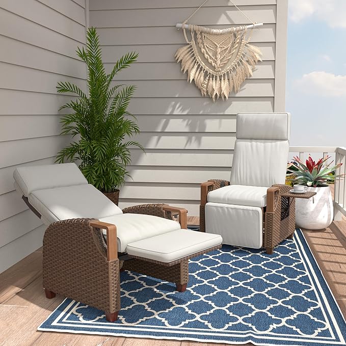 Grand patio Outdoor Recliner Air Pump 150° Lay Flat Reclining Chair with Independent Adjustable Back and Footrest Removable Olefin Cushion Flip-Up Table Wicker Creamy White 2PCS