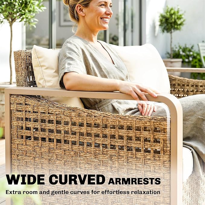 Outsunny Outdoor Patio Couch with Wide and Deep Seat, 3 Seater Wicker Outdoor Sofa with Wide Metal Armrests, Patio Furniture Couch with Cushions for Porch, Garden, Backyard, Beige | Removable Covers