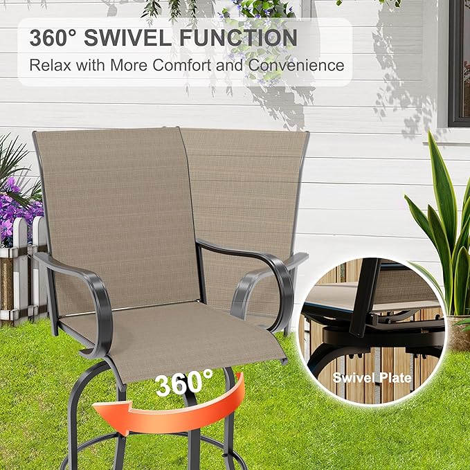 5 PCS Outdoor Bar Set with Outdoor Bistro Table and Chairs Set of 4, Bar Height Outdoor Dining Set, All Weather Mental Textilene High Swivel Bar Stools Chair Set of 4 and High Glass Bar Table