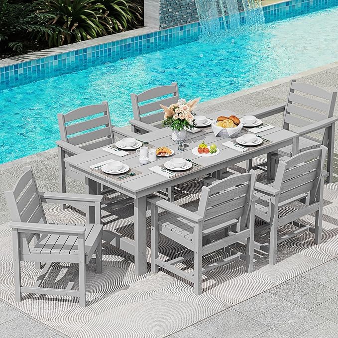 SERWALL 67" Outdoor Dining Table - HDPE All-Weather Rectangular Patio Table with Umbrella Hole, Light Gray