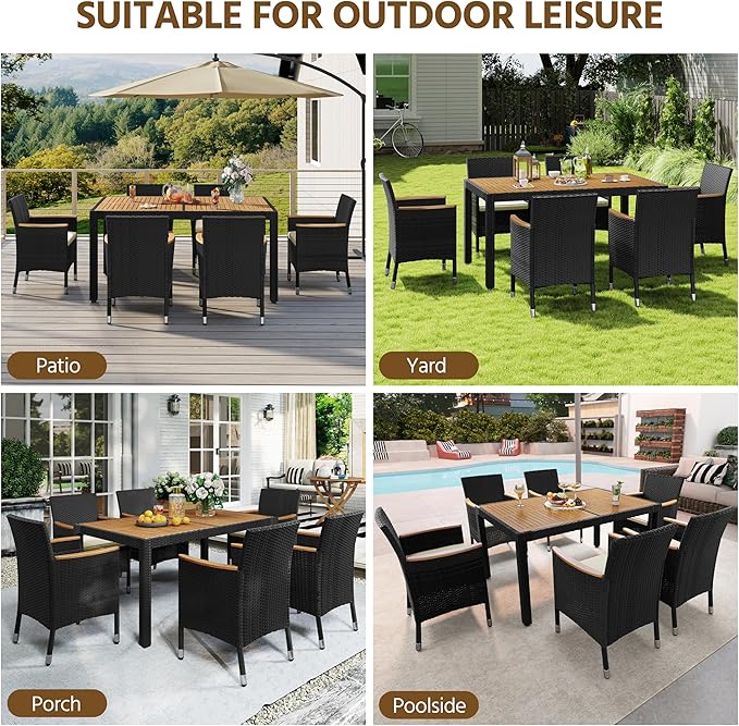 Yaheetech 7 Piece Patio Furniture Set, Outdoor Dining Acacia Wood Table Top Rattan Conversation Set with Soft Cushions, 6 Chairs & 1 Table for Backyard, Deck, Garden & Yard, Black/Beige