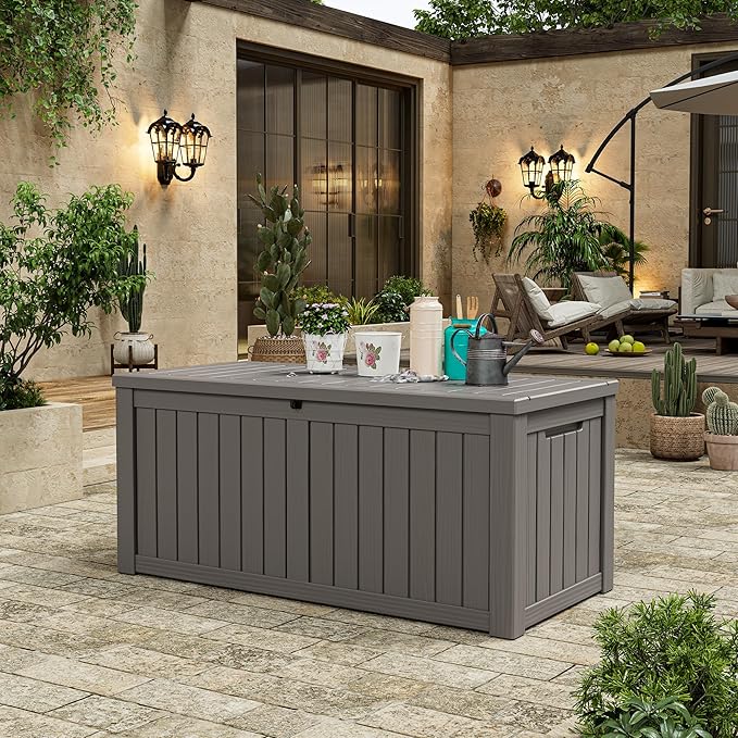 Outdoor Storage Box, Resin Deck Boxes Indoor and outdoor, Waterproof Storage Box Lockable Lid (Grey,150 Gallon)