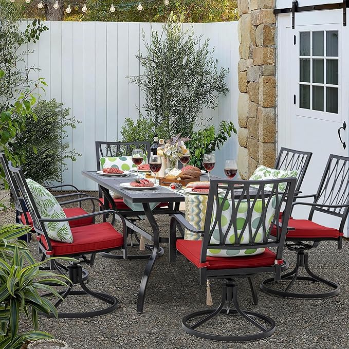 NUU GARDEN 7 Piece Outdoor Dining Set Rectangle Iron Patio Table with Umbrella Hole and 6 Swivel Chairs with Cushions Outdoor Furniture Set for Garden Backyard Black and Red