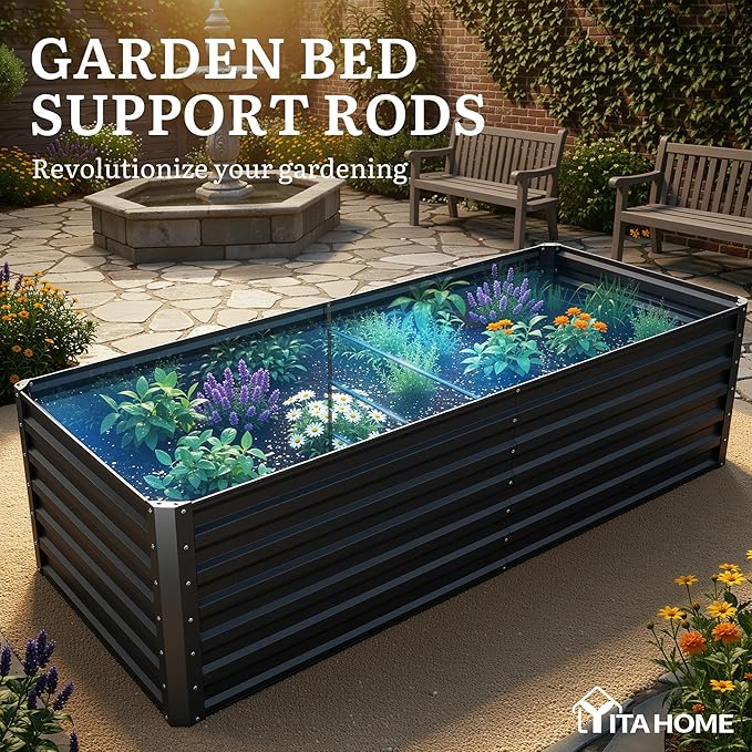YITAHOME 6x3x2ft Large Raised Garden Bed Kit, Galvanized Metal Planter Box with Gloves, Ground Nails, Support Rod, Outdoor Above Ground Planters for Plants Vegetables Flowers, Black