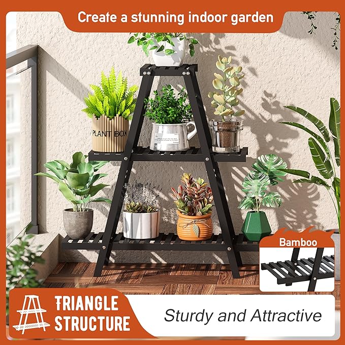 GHWIE Plant Stand Indoor Plant Shelf Outdoor bamboo Plant Rack, 3 Tiers Ladder Plant Holder Flower Stand for Living Room Balcony Garden Patio,Living Room Boho Home Decor for Gardening Gifts (Black)