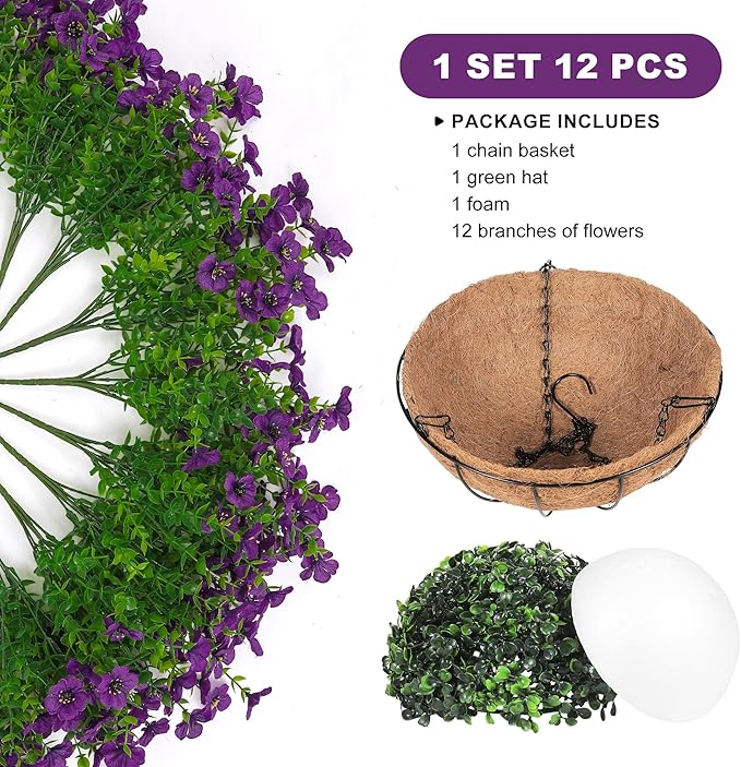 Artificial Faux Hanging Plants Flowers Basket for Outdoors Spring Summer Decoration, Hanging Planters with Fake Silk Flowers UV Resistant Realistic for Outside Porch Patio Balcony Garden Home （Purple）