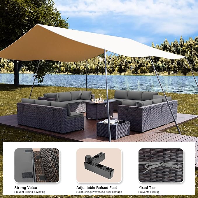 Kullavik 15 Pieces Outdoor Patio Furniture Set with 43" 55000BTU Gas Propane Fire Pit Table PE Wicker Rattan Sectional Sofa Patio Conversation Sets,Grey