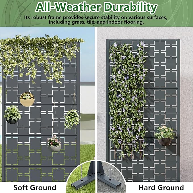 Casaphoria Metal Privacy Screen Outdoor, 60" H x 30" W Freestanding Decorative Privacy Screen for Patio Deck Balcony Garden with Stable Base, Darkgray-Square
