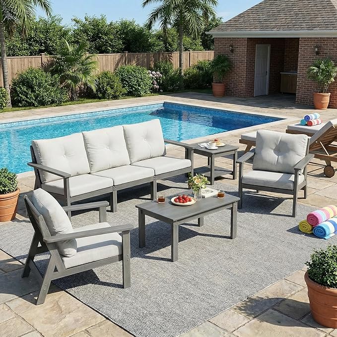 7-Piece HDPE Patio Furniture Set, Outdoor Sectional Sofa Set,All Weather Outdoor Couch with Dust-Free Cushions, Durable Patio Conversation Sets for Balcony, Porch, Gray