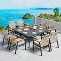 9 Pieces Patio Dining Set, 8 x Woven Rattan Chairs with Waterproof Cushion, 60" Square Metal Dining Table with Umbrella Hole, Outdoor Table and Chairs Set for Backyard Lawn and Deck, Beige